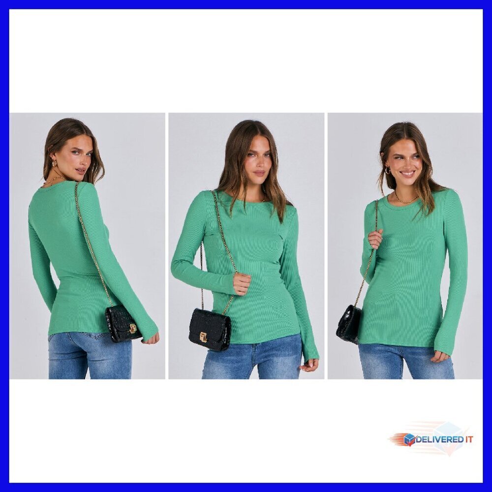 Slim Fit Long Sleeve Rib Knit Tee - Rayon Blend Basic Top - Picture 8 of 8